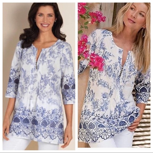 Soft Surroundings White & Blue Print Tunic Top S - Picture 11 of 11